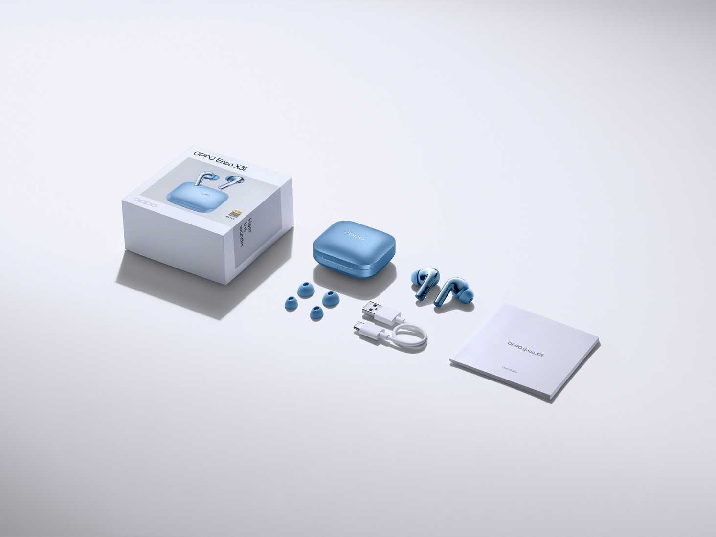 OPPO Enco Buds 3s in the box: retail package, charging case, earbuds, spare ear tips, USB-C cable and user guide